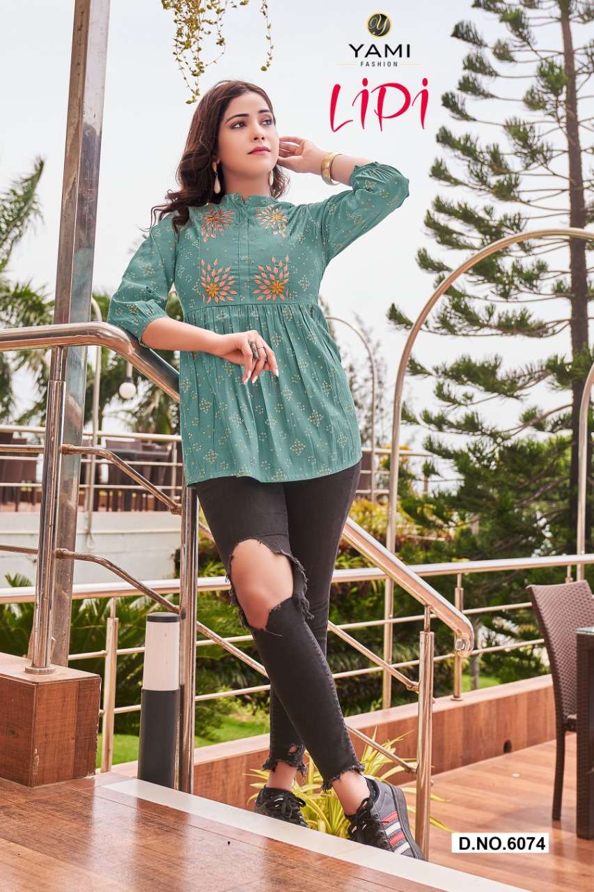 LIPI BY YAMI BRAND PRESENTS PURE ROMAN VISCOSE EXCLUSIVE HAND BLOCK PRINT TOP & TUNICS WITH MACHINE EMBROIDERY WORK-6074
